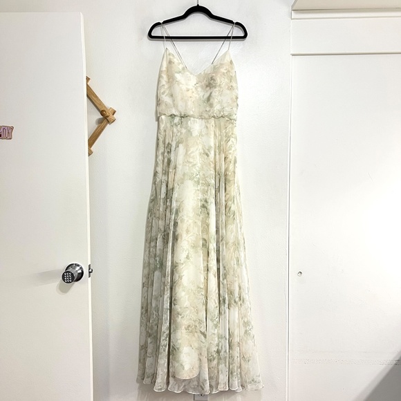 Jenny Yoo Inesse Chiffon V-Neck Spaghetti Strap Gown Floral Grey Multi Size 12 - Picture 3 of 12